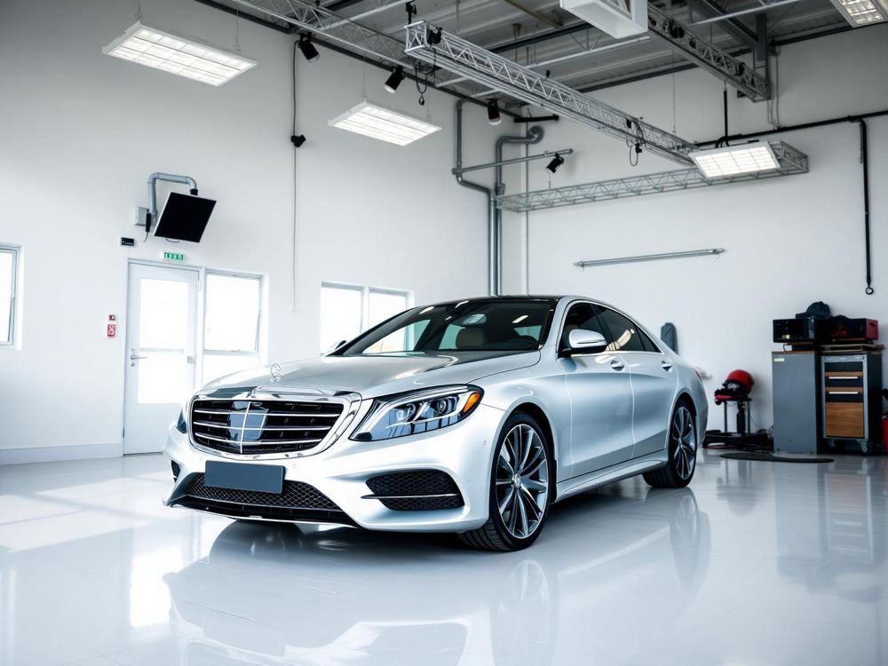 Wnętrze warsztatu Lenart Motors z samochodem premium
